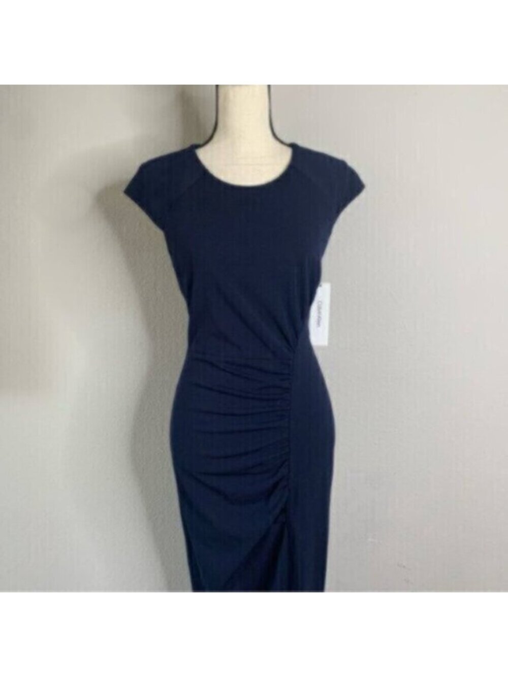 NWT Calvin Klein Navy Blue Side-Ruched Scuba Crepe Sheath Dress - Picture 10 of 17